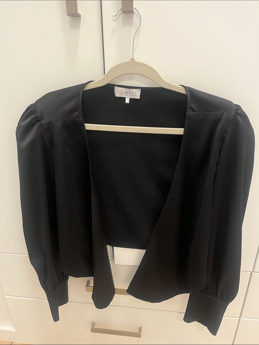 Wayf Black Satin Open-Front Cropped Blazer